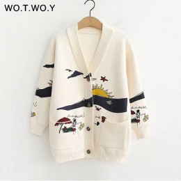 WOTWOY jesień białe dzianiny bawełniane płaszcz damski 2020 drukuj V-neck kieszenie na pasek OpenSwitch damskie bluzy Casaul prz