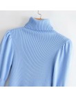 2019 kobiety moda sweter z golfem puff z długim rękawem podstawowe sweter na drutach jesień jednolity kolor na co dzień slim chi