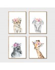 Zwierzęta korona kwiatowa dekoracja na płótnie malarstwo, dziewczynka drukuje zwierząt żyrafa słoń ściana z lwem obraz sztuki pl