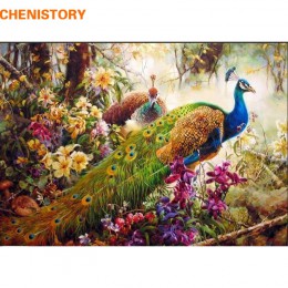 CHENISTORY peacock ręcznie malowany obrazek według numerów zwierząt farba akrylowa na płótnie rodzina ręcznie malowany rysunek o