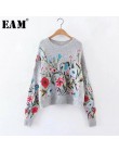 [EAM] 2020 wiosna jesień wokół szyi z długim rękawem kwiat haftowane drutach ciepły luźny sweter Pollovers kobiety moda V74702
