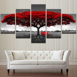 Moduł na płótnie wydruki hd plakaty Home Decor obrazy na ścianę 5 sztuk czerwone drzewo artystyczna sceneria obrazy pejzażowe ra