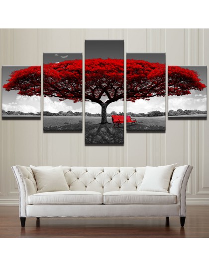 Moduł na płótnie wydruki hd plakaty Home Decor obrazy na ścianę 5 sztuk czerwone drzewo artystyczna sceneria obrazy pejzażowe ra