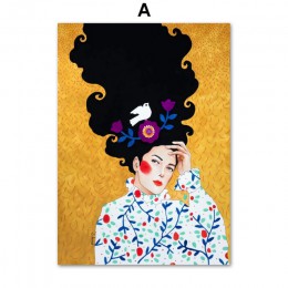 Streszczenie dziewczyna kwiat do włosów ptak obraz ścienny na płótnie Nordic plakaty i druki klasyczna ściana zdjęcia na wystrój