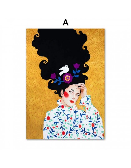 Streszczenie dziewczyna kwiat do włosów ptak obraz ścienny na płótnie Nordic plakaty i druki klasyczna ściana zdjęcia na wystrój