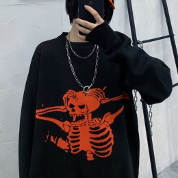 InsGoth Harajuku luźny sweter kobiety Gothic Punk wzór czaszki nadwymiarowy sweter Jumper pełna rękaw kobiet Streetwear swetry