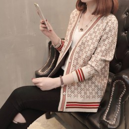 Danjeaner koreański styl jednorzędowe swetry rozpinane damskie swetry 2018 zimowy dekolt w serek z długim rękawem modne drukowan