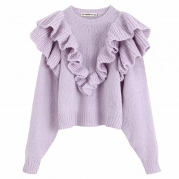 2019 kobiet ulica kaskadowe ruffles solidna knitting sweter jesień z długim rękawem casual slim chic rozrywka topy S108