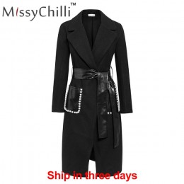 MissyChilli czarny Pu skórzany pas długi płaszcz z rękawami kobiety elegancka perła streetwear znosić jesienno-zimowy seksowny p