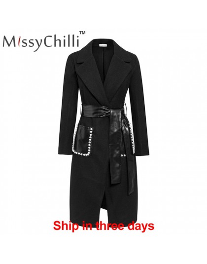 MissyChilli czarny Pu skórzany pas długi płaszcz z rękawami kobiety elegancka perła streetwear znosić jesienno-zimowy seksowny p