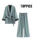 2020 niebieski nadruk Kimono kurtka z piór rękawy szerokie nogawki luźne Cuasal spodnie damskie ubrania vintage garnitury
