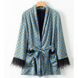 2020 niebieski nadruk Kimono kurtka z piór rękawy szerokie nogawki luźne Cuasal spodnie damskie ubrania vintage garnitury