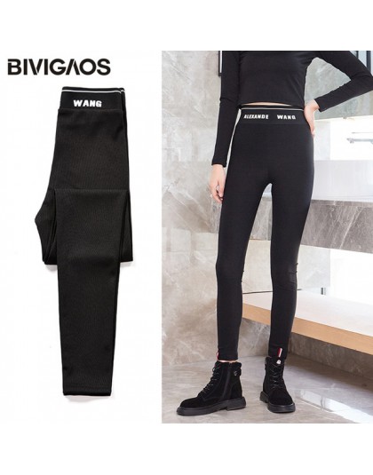 BIVIGAOS 2019 kobiety jesień nowe wysokiej talii litery czarne legginsy Skinny Slim elastyczne spodnie ołówkowe Sport Sexy Leggi