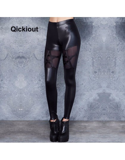 Qickitout damskie legginsy z wysokim stanem spodnie skórzane czarne seksowne  kostiumy gwiazdy doszywana siatka damska spodnie wi 