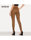 SHEIN Brown eleganckie biuro Lady jednokolorowa zamszowa Skinny legginsy 2018 jesień Highstreet odzież robocza spodnie damskie s
