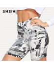 SHEIN Modern Lady czarno-białe Allover Letter Print kolarstwo Crop krótkie legginsy 2018 Summer Modern Lady spodnie damskie spod