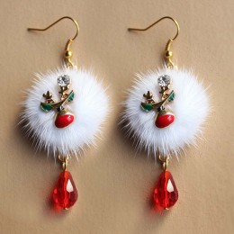 Marka noworoczny prezent święty mikołaj Plum Deer biała aksamitna kulka czerwony kryształ spadek kolczyk wisiorek długie kolczyk