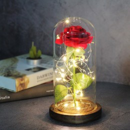 Prezent na dzień matki piękna i bestia róża w szklanej kopule sztuczne kwiaty LED Light dekoracja ślubna na prezent na walentynk