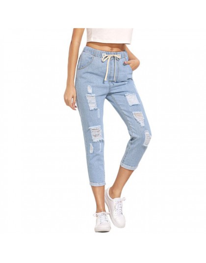 SHEIN damskie spodnie na lato spodnie typu casual dla pań niebieska z rozcięciami w połowie wiązanie w pasie Skinny Denim Jeans 